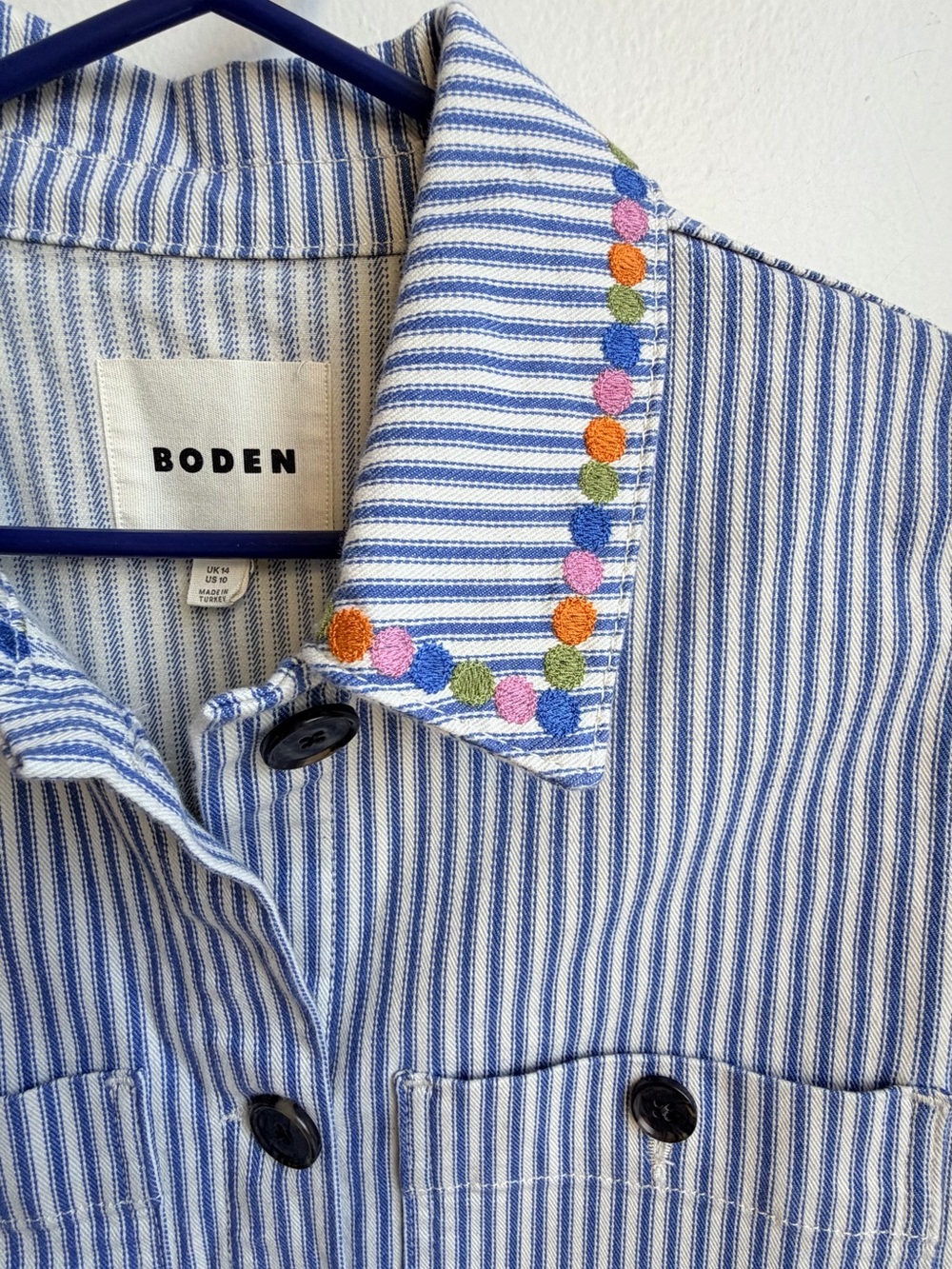 Boden Embroidered Utility Jacket Blue White Striped Tropical Women’s Size 10 - Picture 9 of 13
